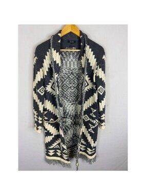 Miss Me SMSW1023L Gray Cream Southwestern Fringe Long Cardigan Sweater M